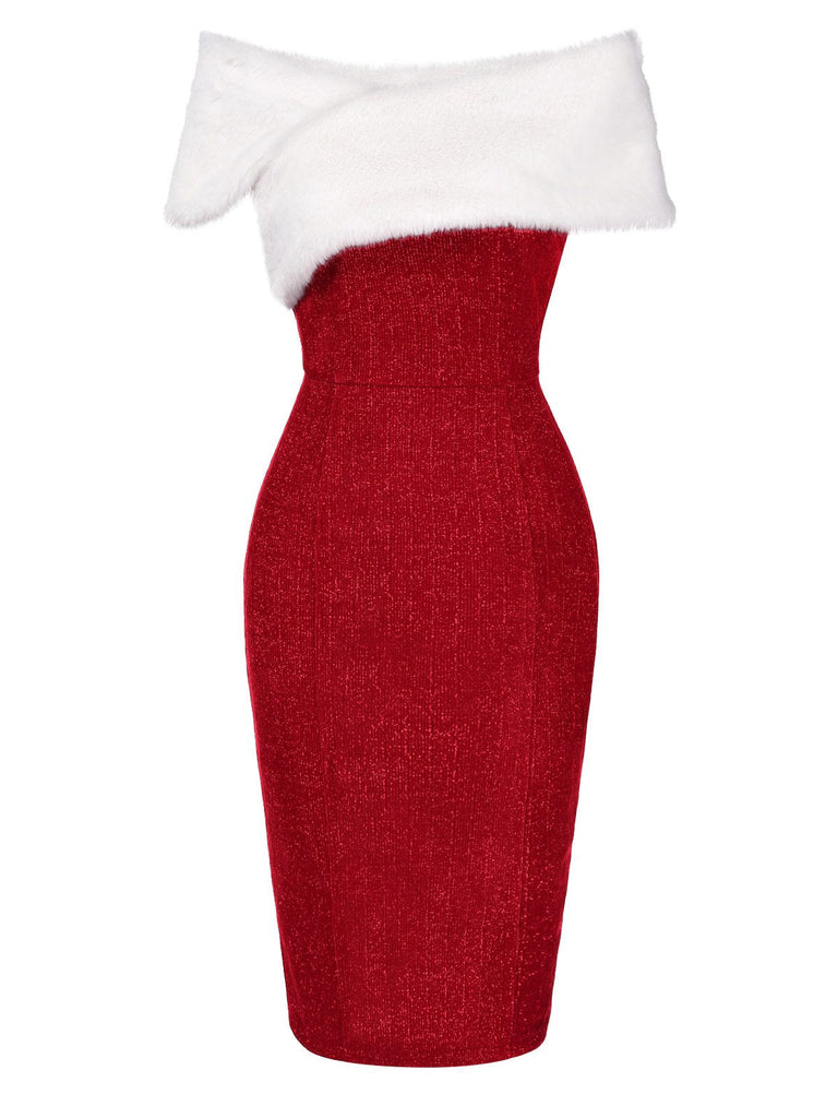 Robe à épaules dénudées col en fausse fourrure verte des années 1960