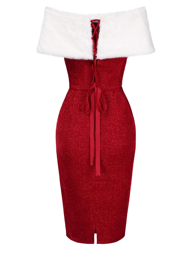 Robe à épaules dénudées col en fausse fourrure verte des années 1960