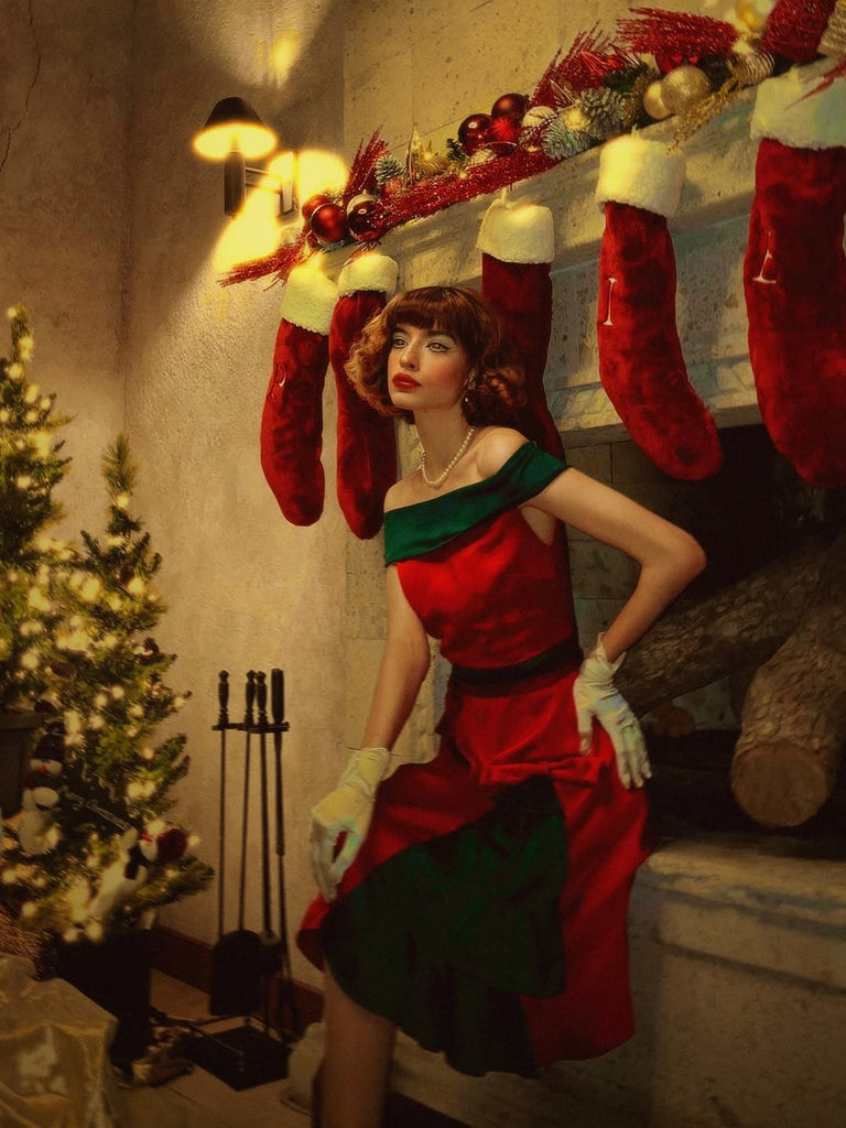 Robe à épaules dénudées rouge et verte sapin de Noël des années 1950