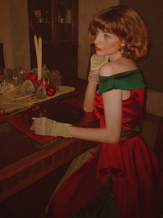 Robe à épaules dénudées rouge et verte sapin de Noël des années 1950