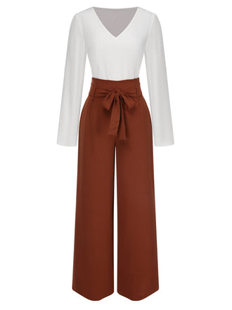 2PCS Haut à col en V et pantalon de détente à jambe large des années 1930
