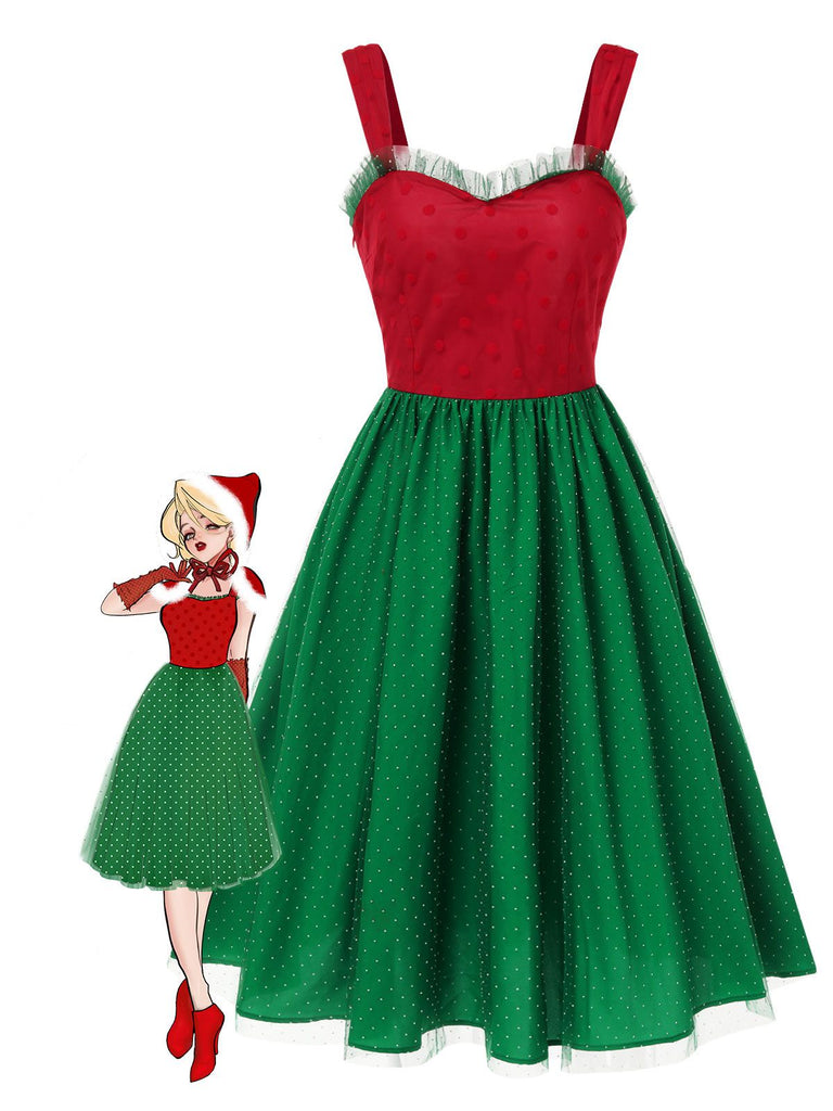 Robe a pois rouge et verte de Noel des annees 1950 Retro Stage France