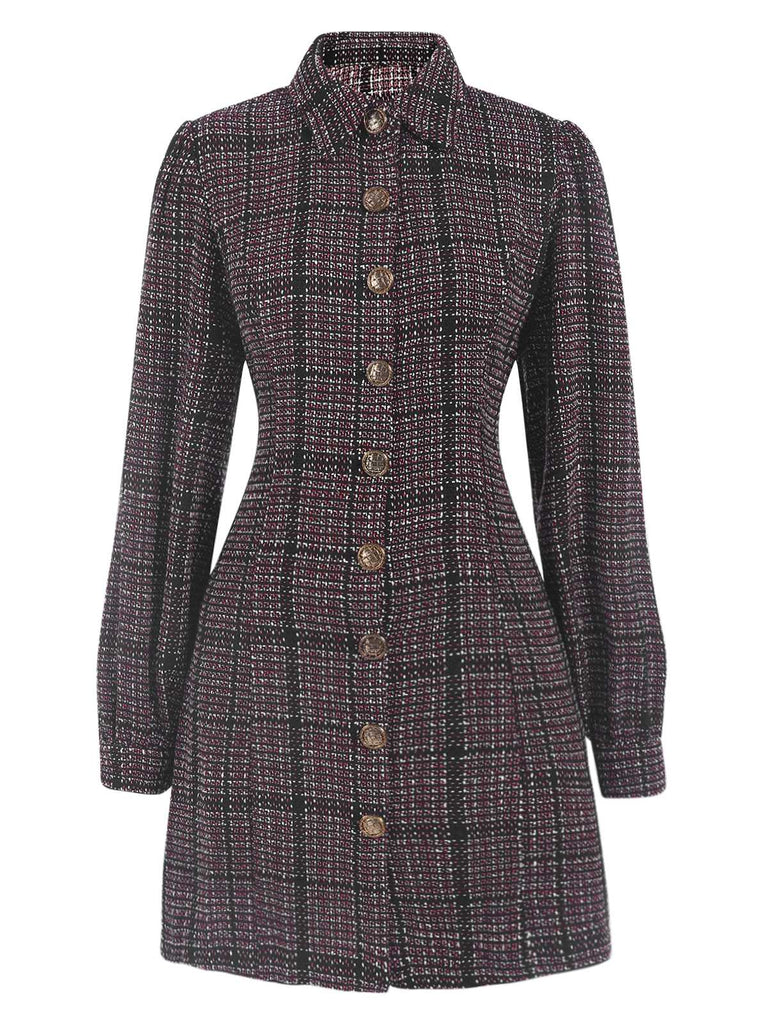 Robe à carreaux à manches lanternes et col chemise des années 1960