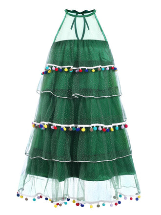 Robe verte à pompons pour sapin de Noël des années 60