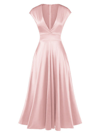 [Prévente] Robe en satin col en V profond rose des années 1950