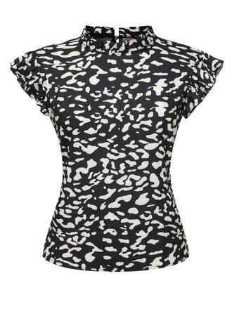 Chemisier à volants noir à imprimé léopard des années 1950