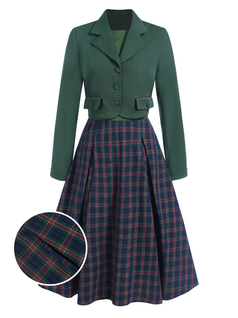 2PCS blazers à revers et robe à carreaux verts des années 40