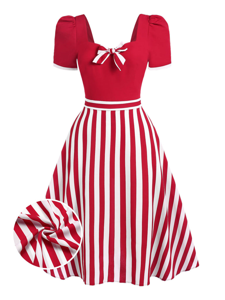 Robe patchwork rayée rouge à col en cœur des années 1950