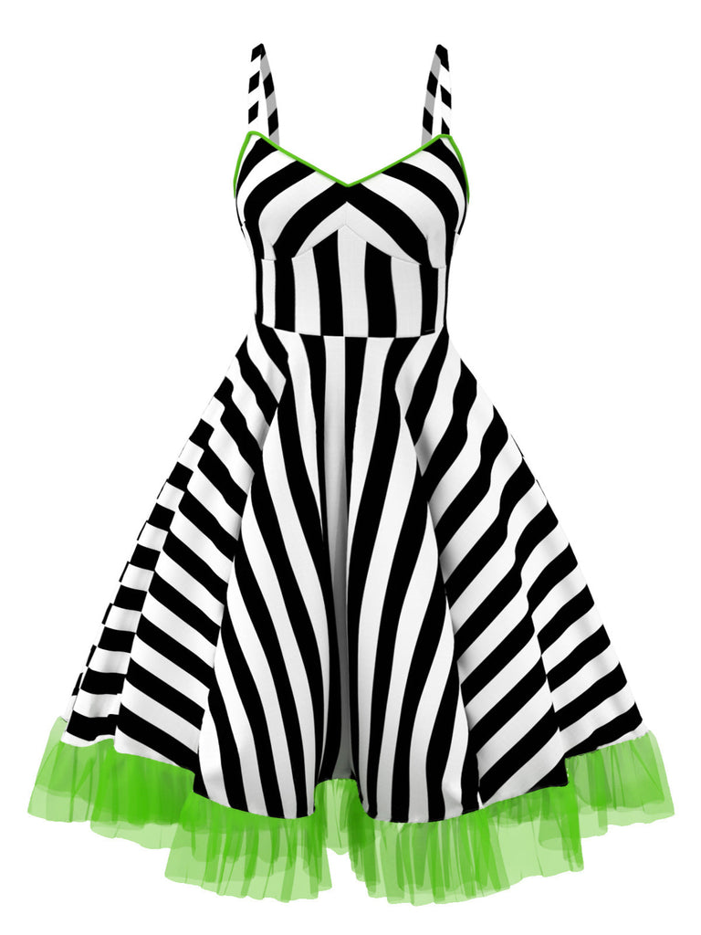 [Prévente] [Grande taille] Robe en dentelle verte fluo à rayures noires et blanches des années 1950