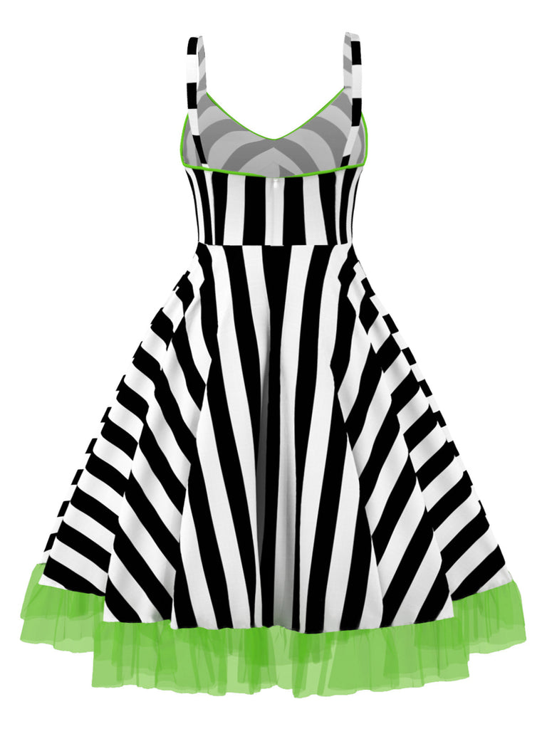 [Prévente] [Grande taille] Robe en dentelle verte fluo à rayures noires et blanches des années 1950