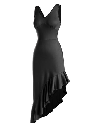 Robe noire ourlet à volants obliques des années 1960