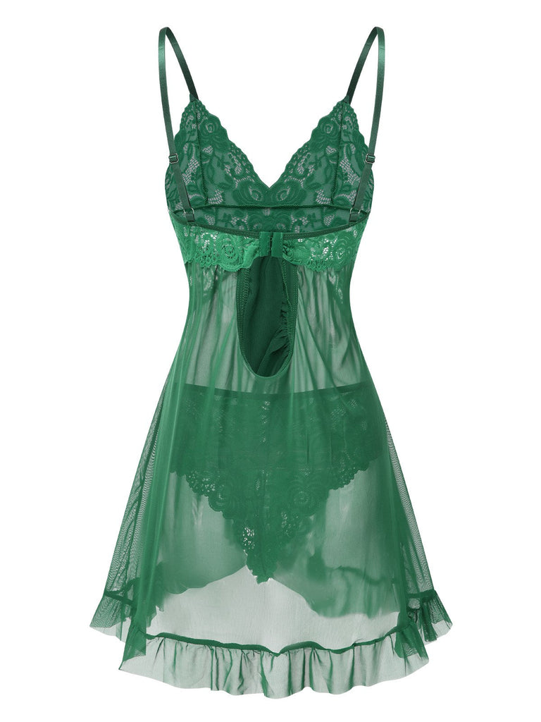 Chemise de nuit transparente en dentelle à bretelles spaghetti des années 1950