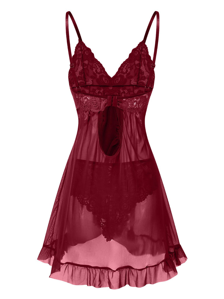 Chemise de nuit transparente en dentelle à bretelles spaghetti des années 1950