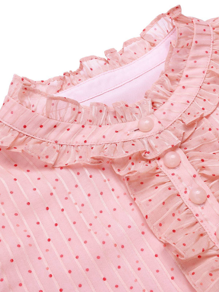 [Prévente] Robe à volants à col montant pois rose des années 60