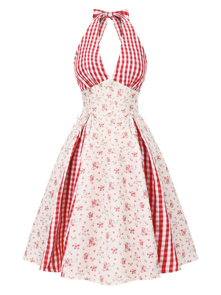 Robe licou à carreaux fleuris de campagne rouge des années 1950