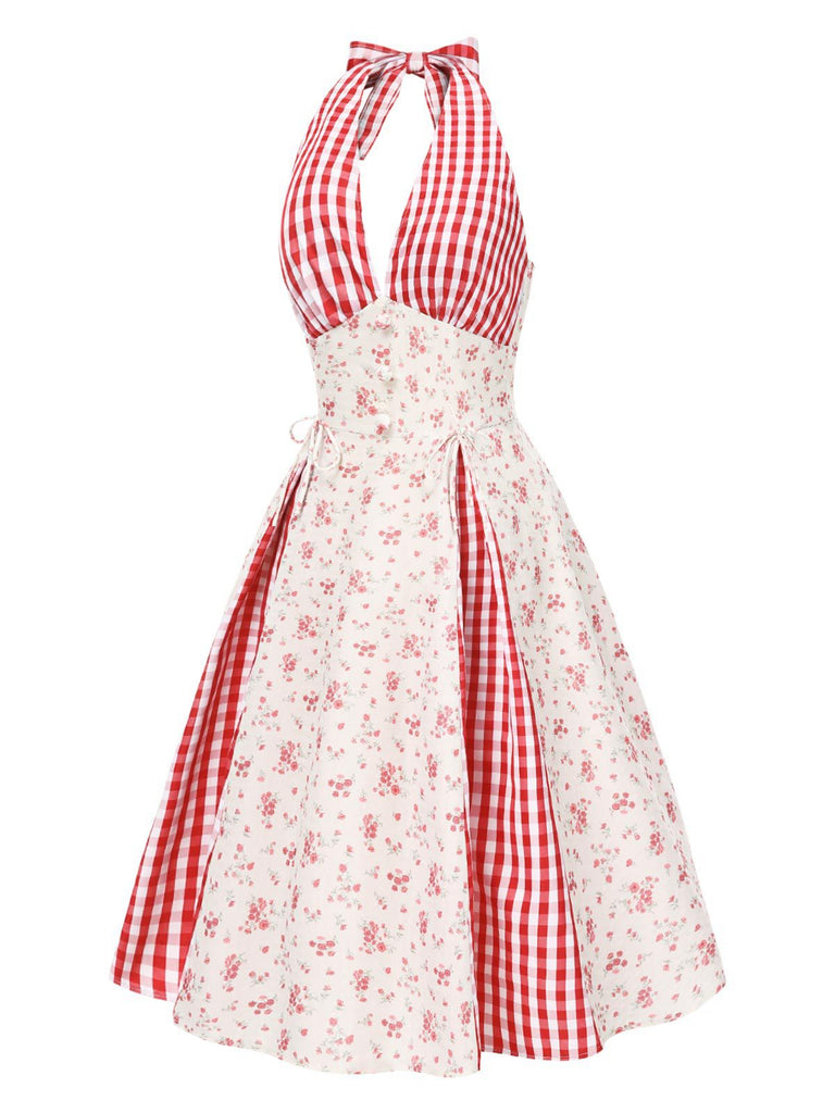 Robe licou à carreaux fleuris de campagne rouge des années 1950