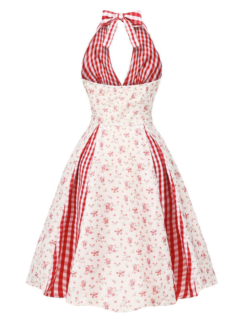 Robe licou à carreaux fleuris de campagne rouge des années 1950