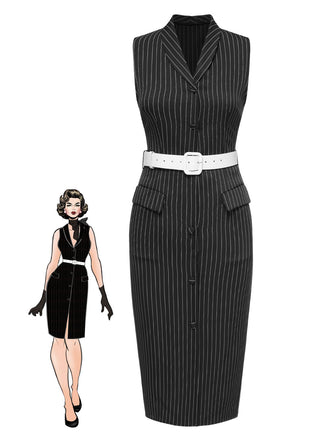 [Pré-vente] Robe crayon noire à rayures et revers des années 1960