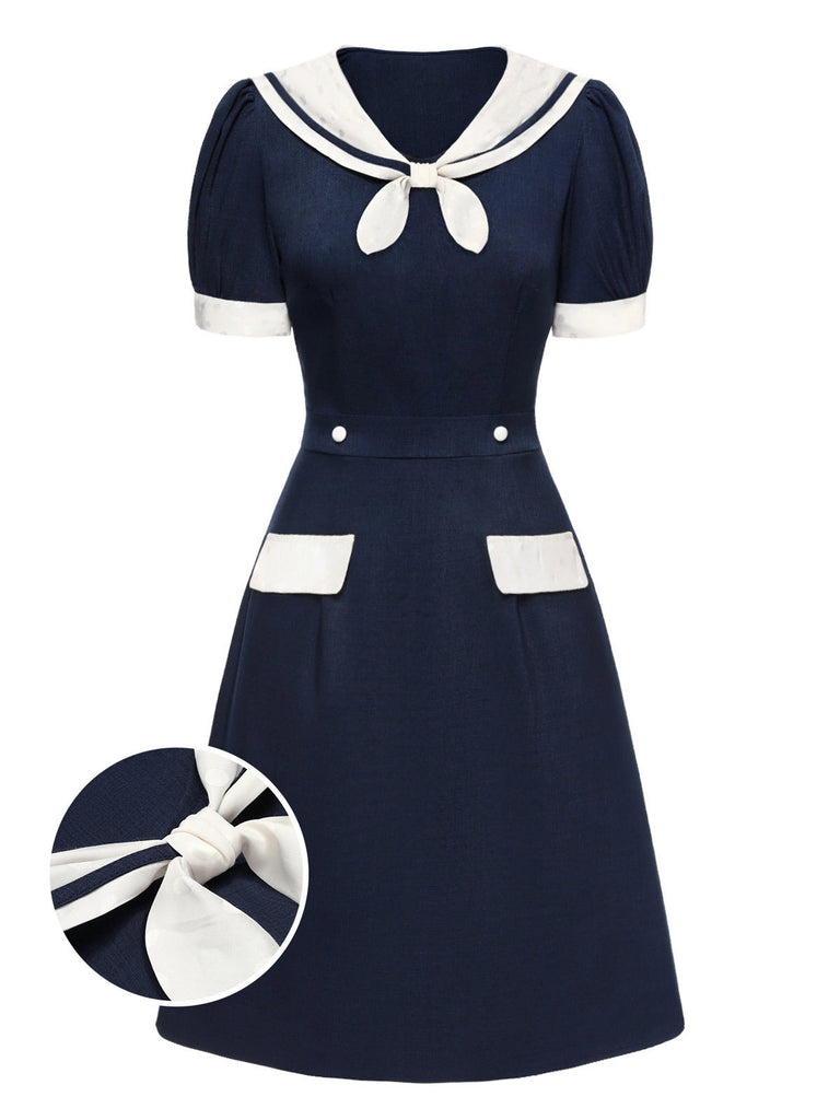 [Pré-vente] Robe à col marin en patchwork de pois bleus des années 1960