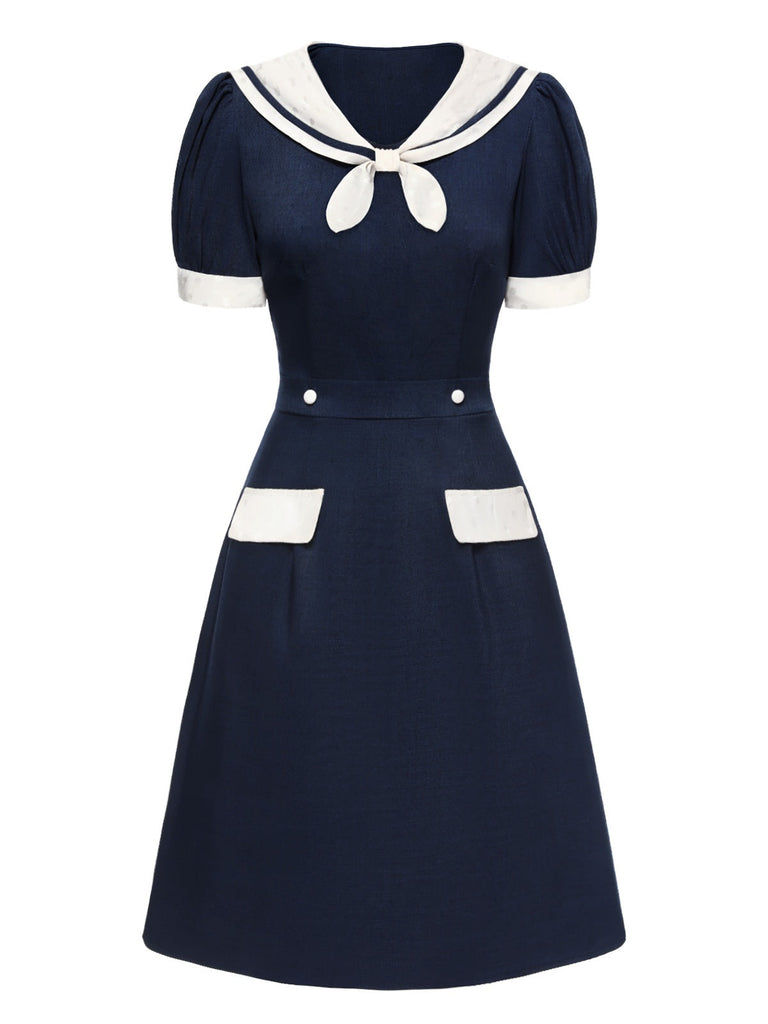 [Pré-vente] Robe à col marin en patchwork de pois bleus des années 1960