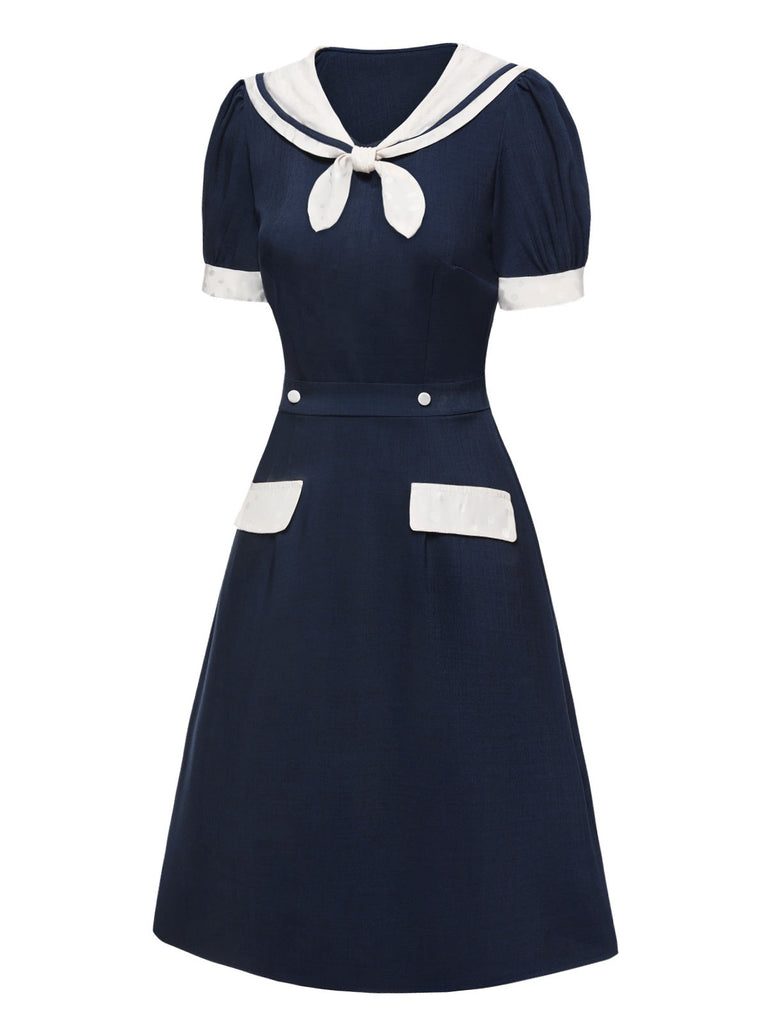[Pré-vente] Robe à col marin en patchwork de pois bleus des années 1960