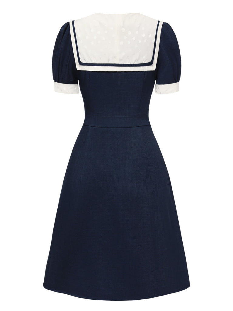 [Pré-vente] Robe à col marin en patchwork de pois bleus des années 1960