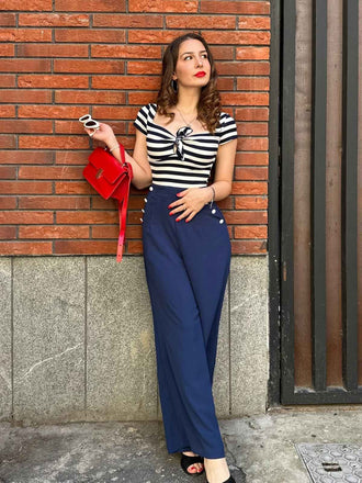 Combinaison patchwork à rayures nœud creux bleue des années 1950