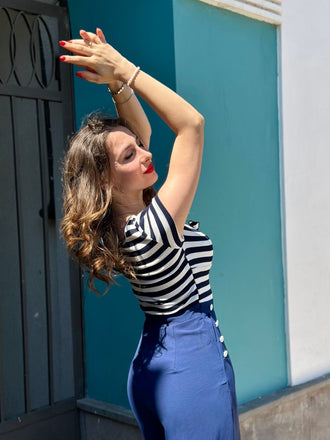 Combinaison patchwork à rayures nœud creux bleue des années 1950