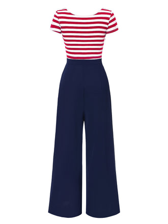 Combinaison patchwork à rayures nœud creux rouge des années 1950