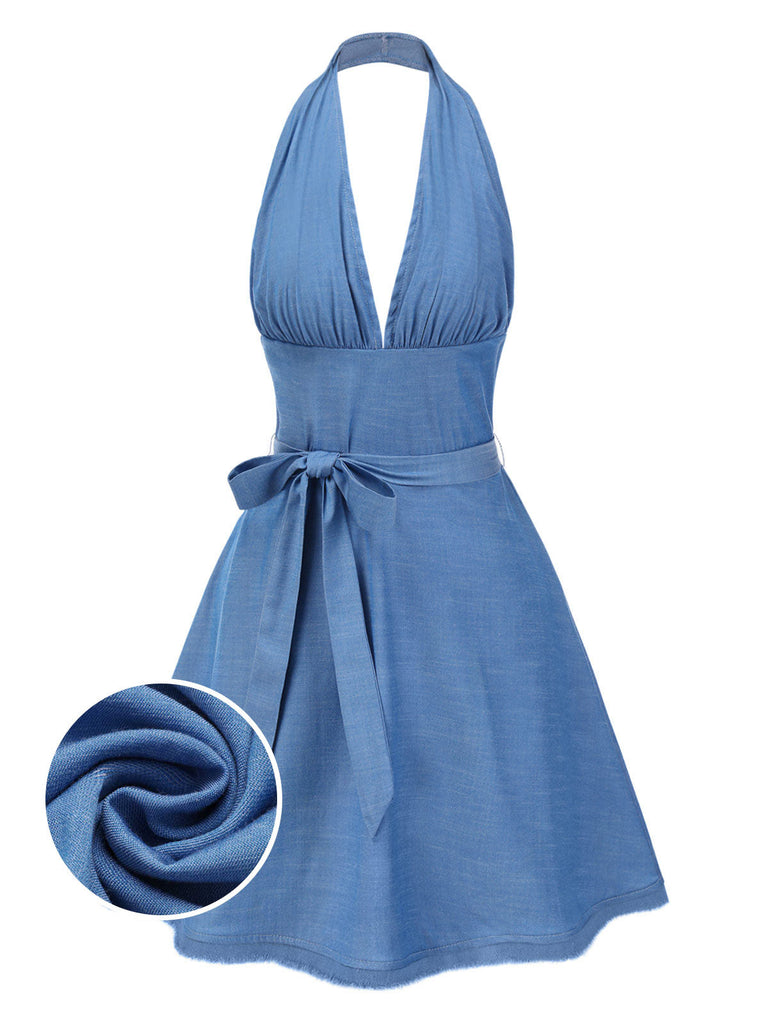 [Pré-vente] Robe dos nu col V profond et nœud bleu des années 1970