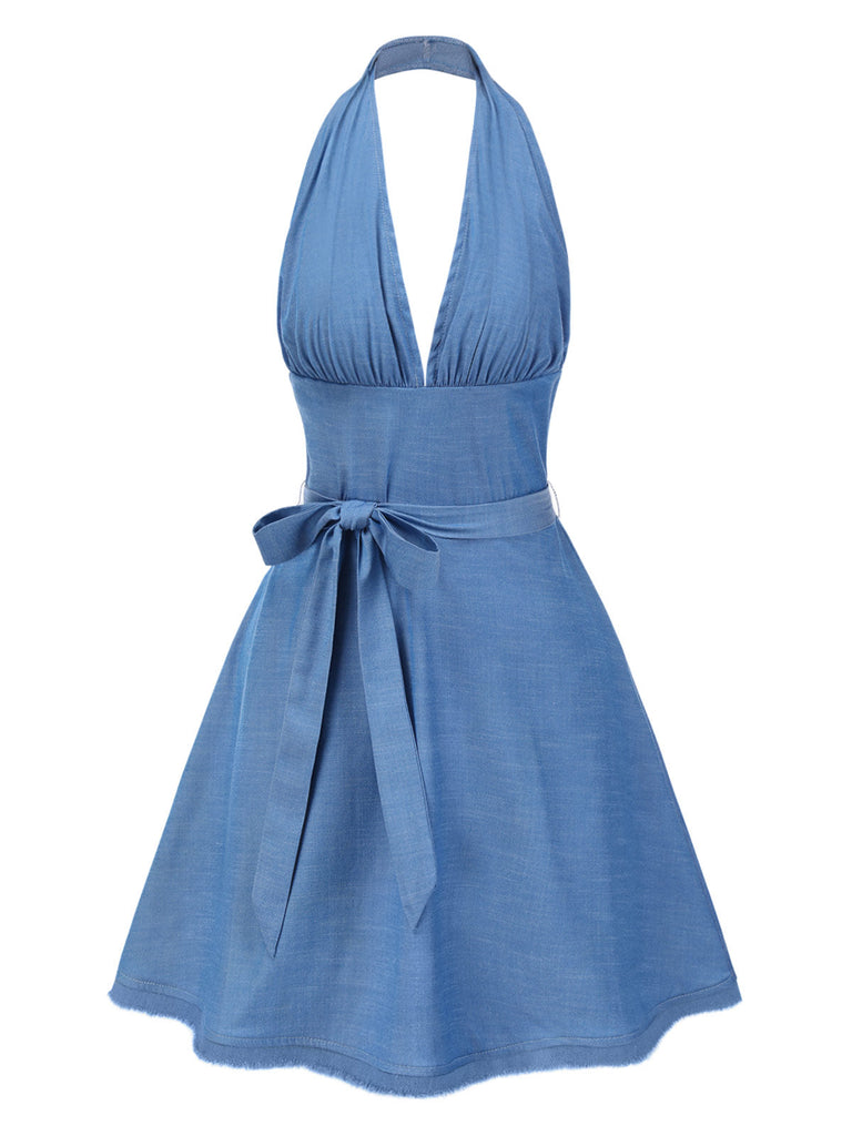 [Pré-vente] Robe dos nu col V profond et nœud bleu des années 1970