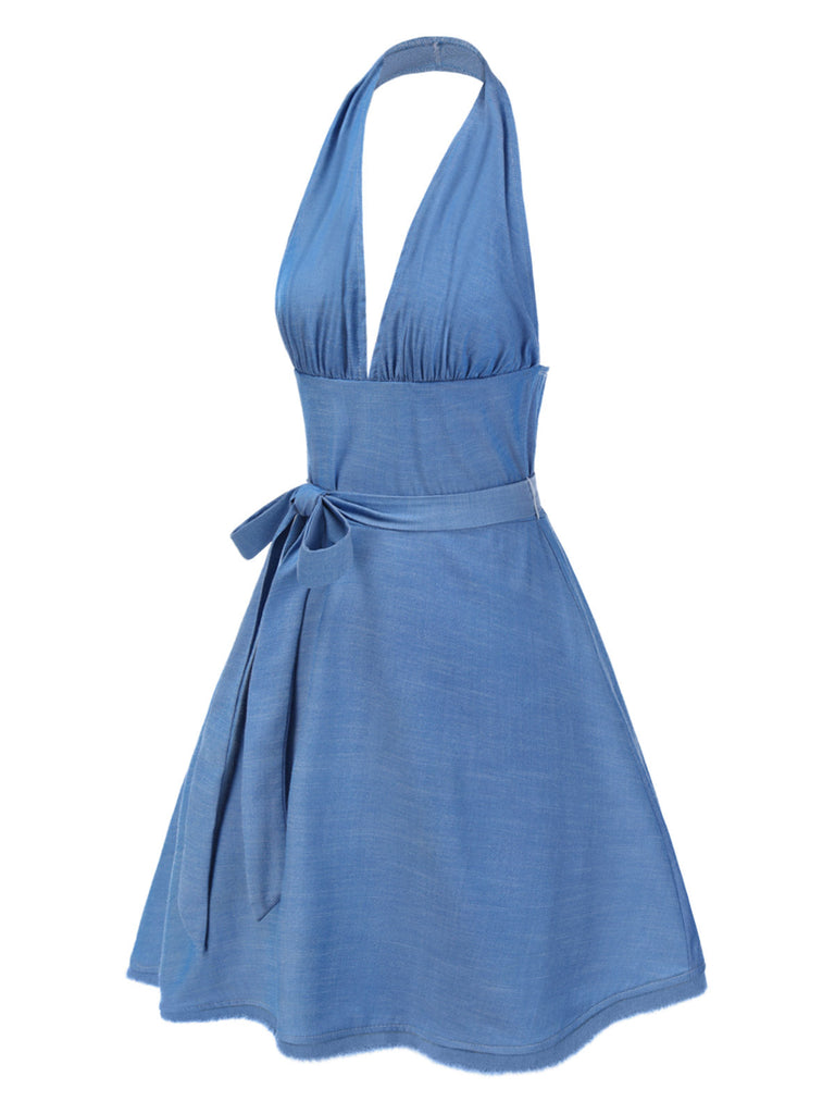 [Pré-vente] Robe dos nu col V profond et nœud bleu des années 1970