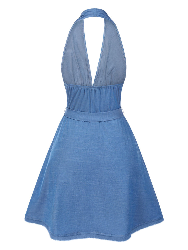 [Pré-vente] Robe dos nu col V profond et nœud bleu des années 1970