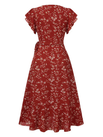 Robe à fleurs à col V manches évasées rouge vin des années 1940