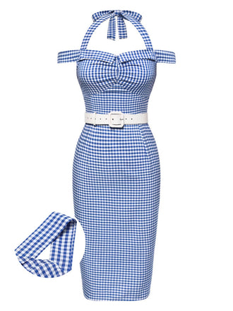 Robe crayon à carreaux bleu licou à épaules dénudées des années 1960