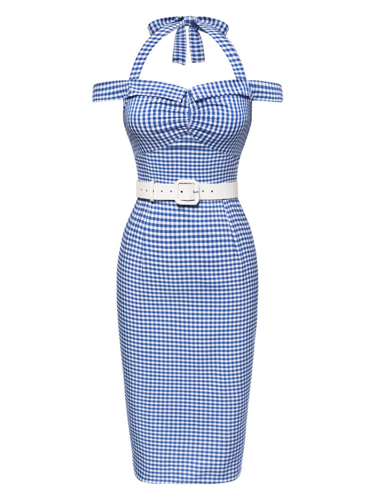 Robe crayon à carreaux bleu licou à épaules dénudées des années 1960