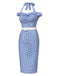 Robe crayon à carreaux bleu licou à épaules dénudées des années 1960