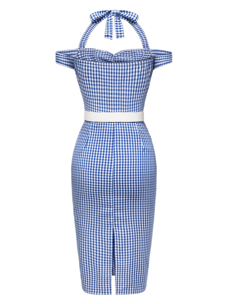 Robe crayon à carreaux bleu licou à épaules dénudées des années 1960