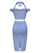 Robe crayon à carreaux bleu licou à épaules dénudées des années 1960