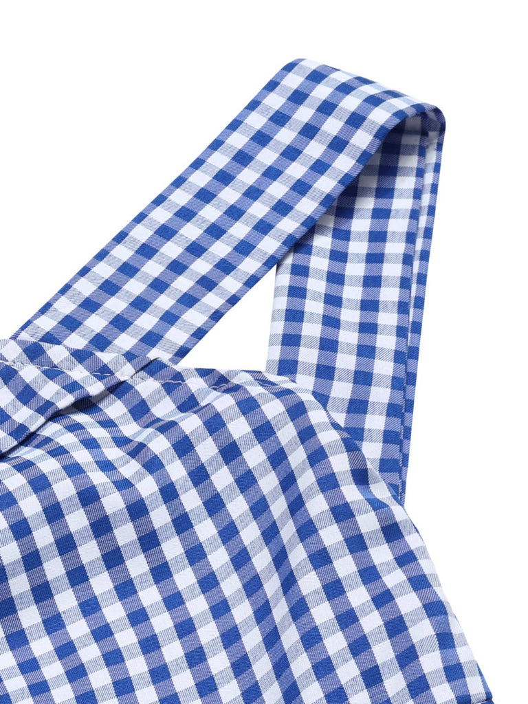Robe crayon à carreaux bleu licou à épaules dénudées des années 1960