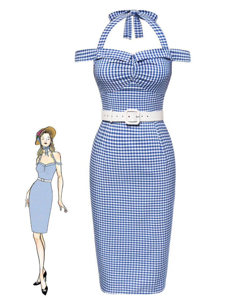 Robe crayon à carreaux bleu licou à épaules dénudées des années 1960