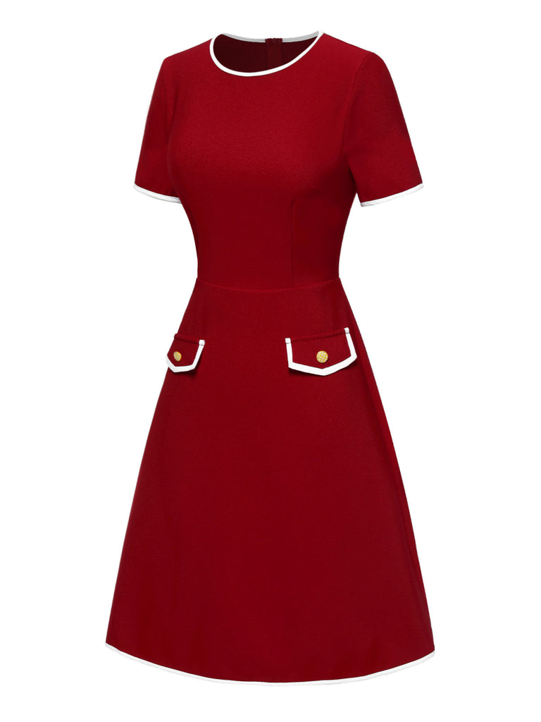 Robe rouge à poches et bordures unies des années 1960