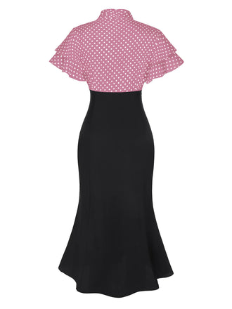 [Prévente] Robe sirène rose et noire à pois et col noué des années 1930