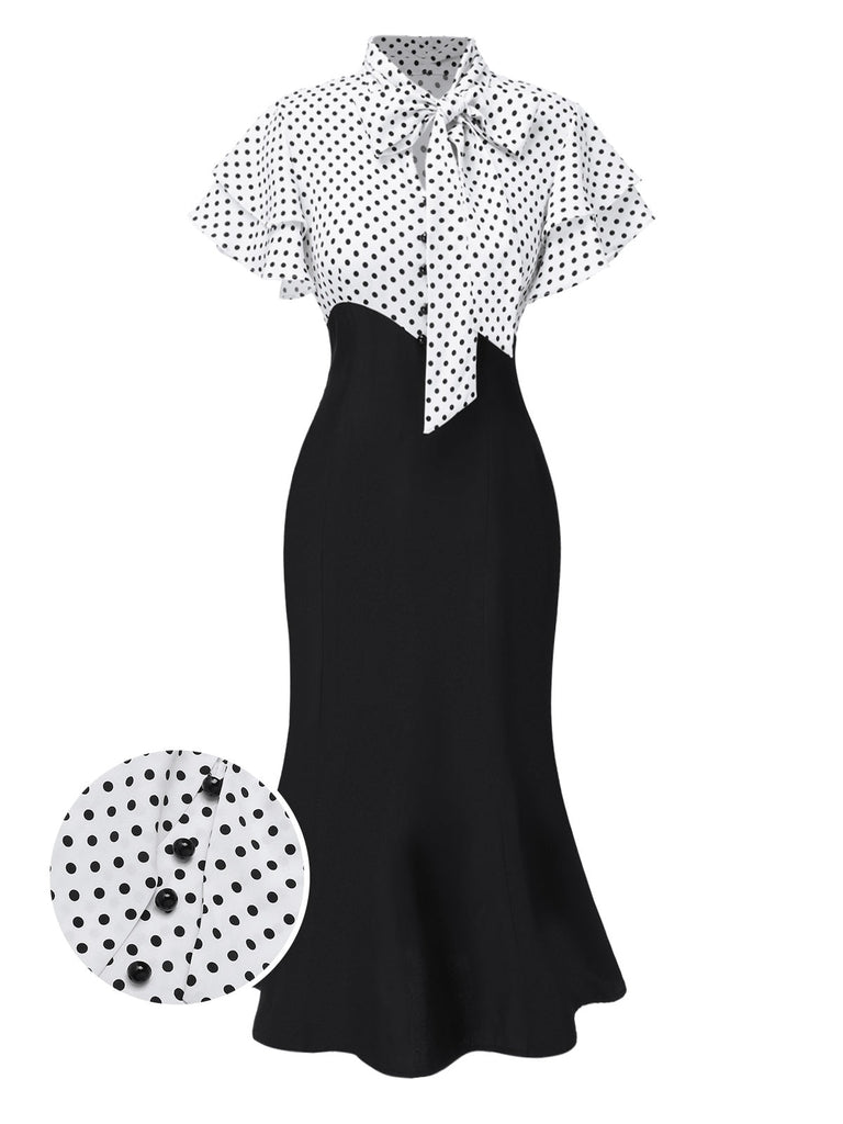Robe sirène noire à pois et col noué des années 1930