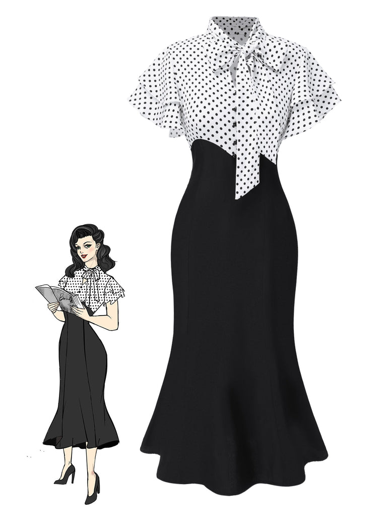 Robe sirène rouge à pois et col noué des années 1930