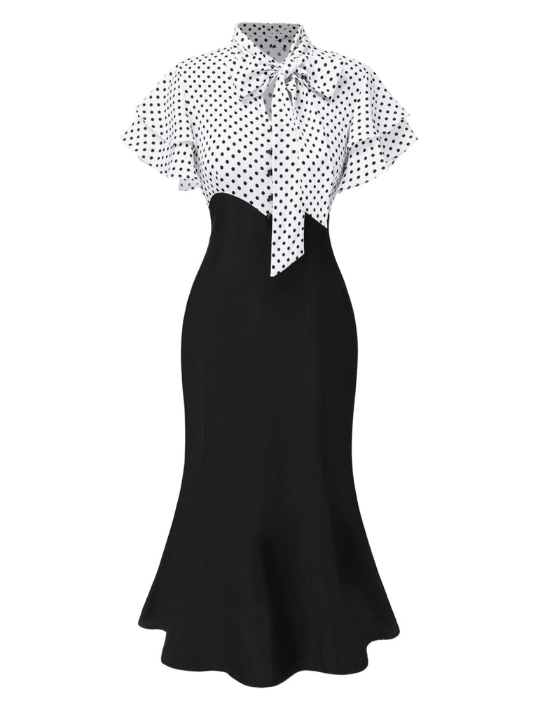 Robe sirène noire à pois et col noué des années 1930