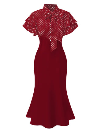 Robe sirène rouge à pois et col noué des années 1930