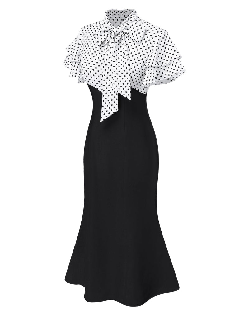 Robe sirène noire à pois et col noué des années 1930