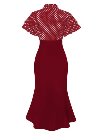 Robe sirène rouge à pois et col noué des années 1930