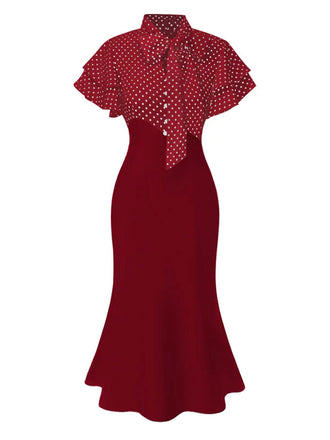 Robe sirène rouge à pois et col noué des années 1930